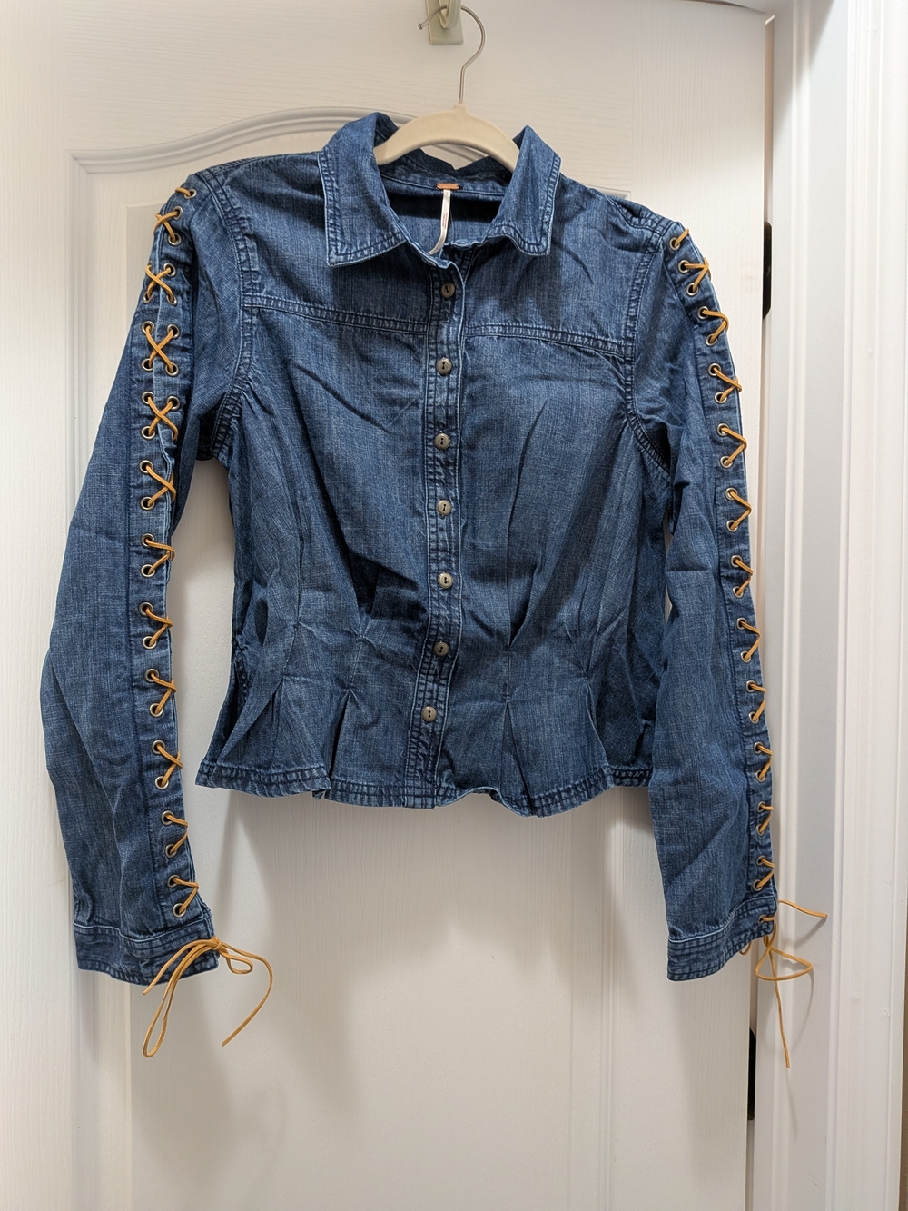 Free People Lala Denim Lace-Up Long Sleeve Jacket - Dark Wash
